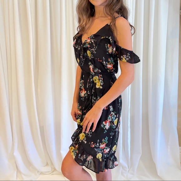 Black Floral Wrap Dress with Spaghetti straps - Picture 3 of 4